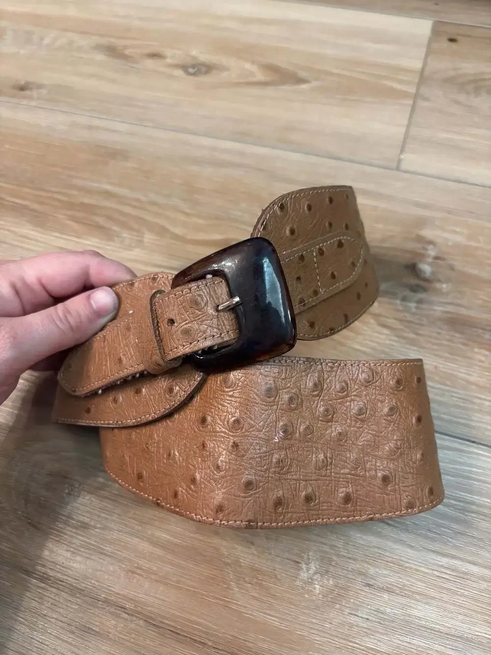 Vintage Tan Ostrich Embossed Cowhide Wide Statement Belt tortoiseshell buckle ￼